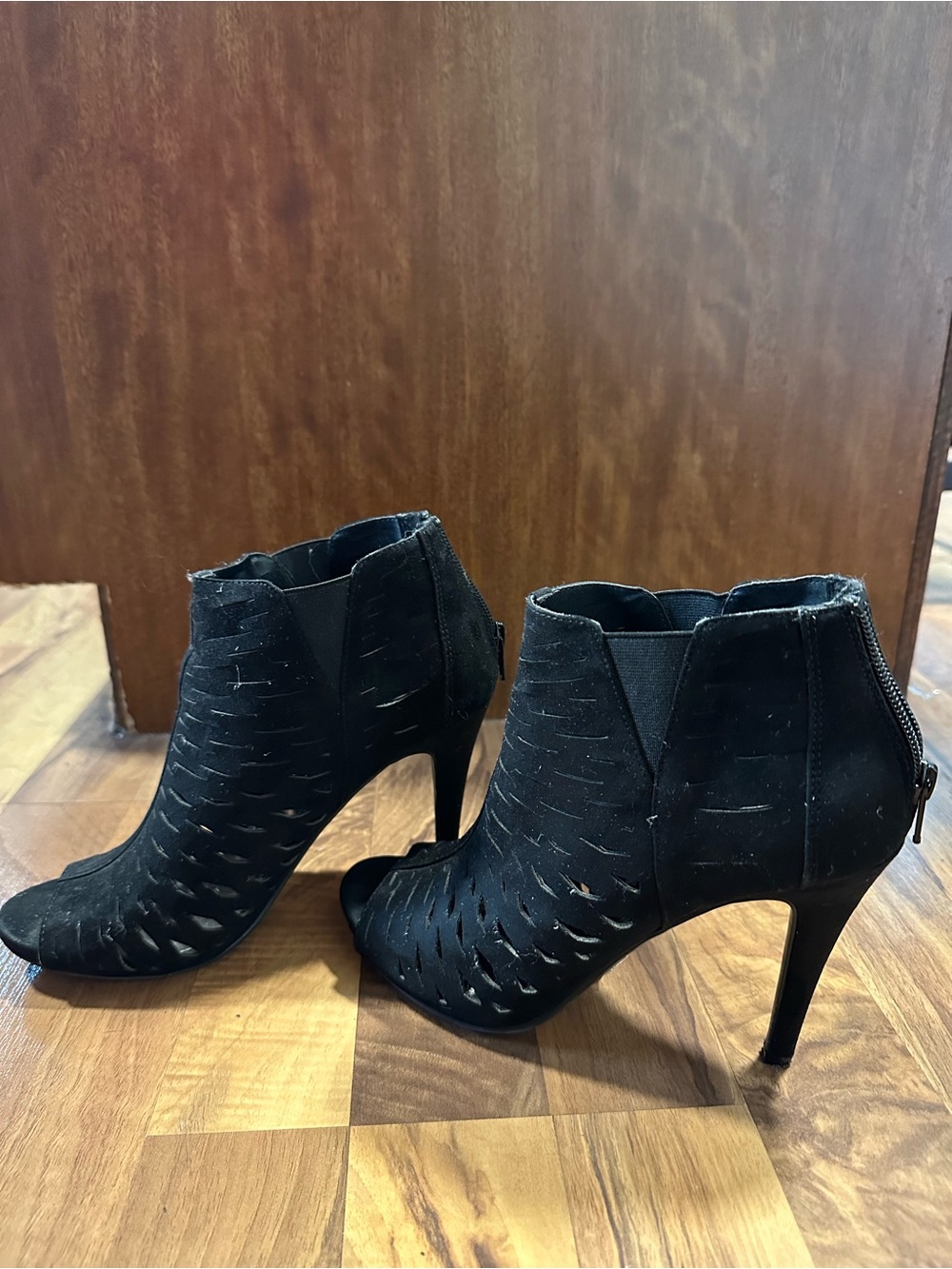 Candie's Black Laser-Cut Suede Peep-Toe Stiletto Booties